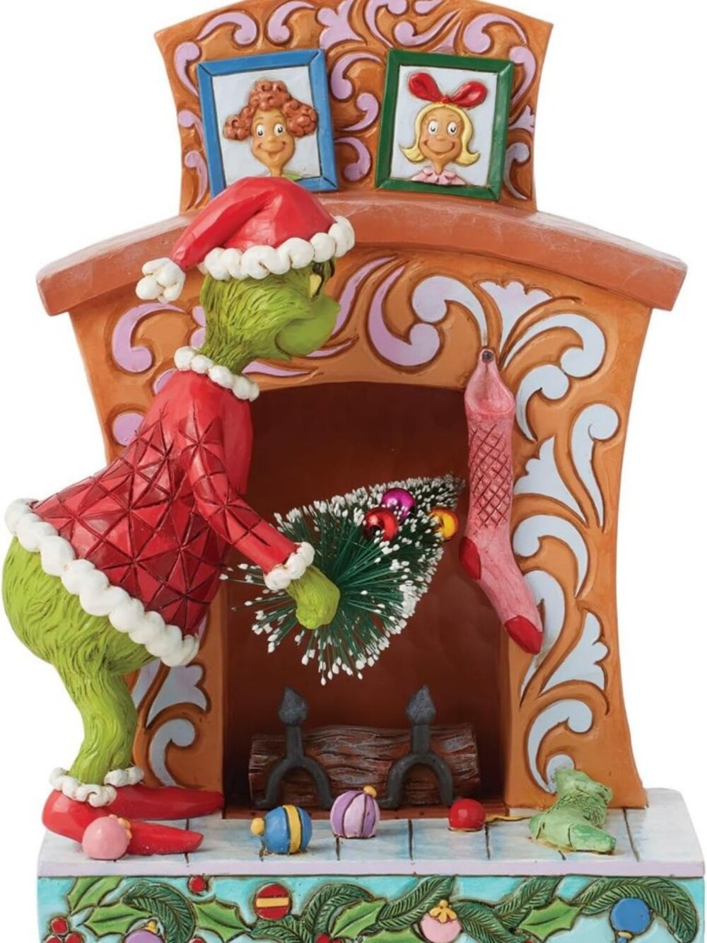 Handcrafted Grinch Figurine - Santa Grinch Pushing Tree Up Chimney, 7.4" Home